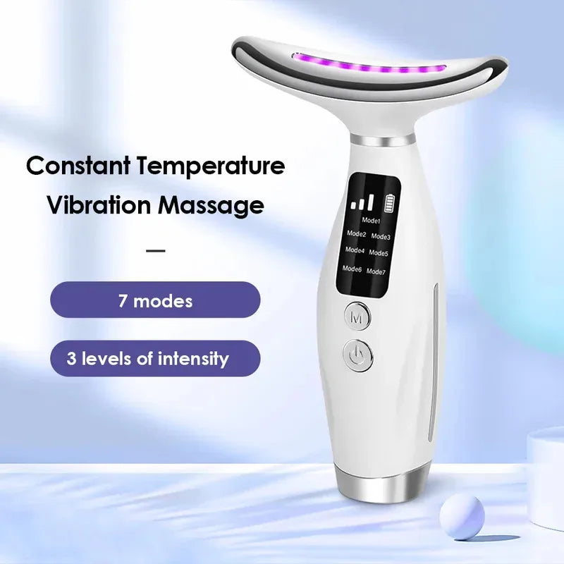 White massage device with digital display on a light blue background, featuring text about constant temperature vibration massage.